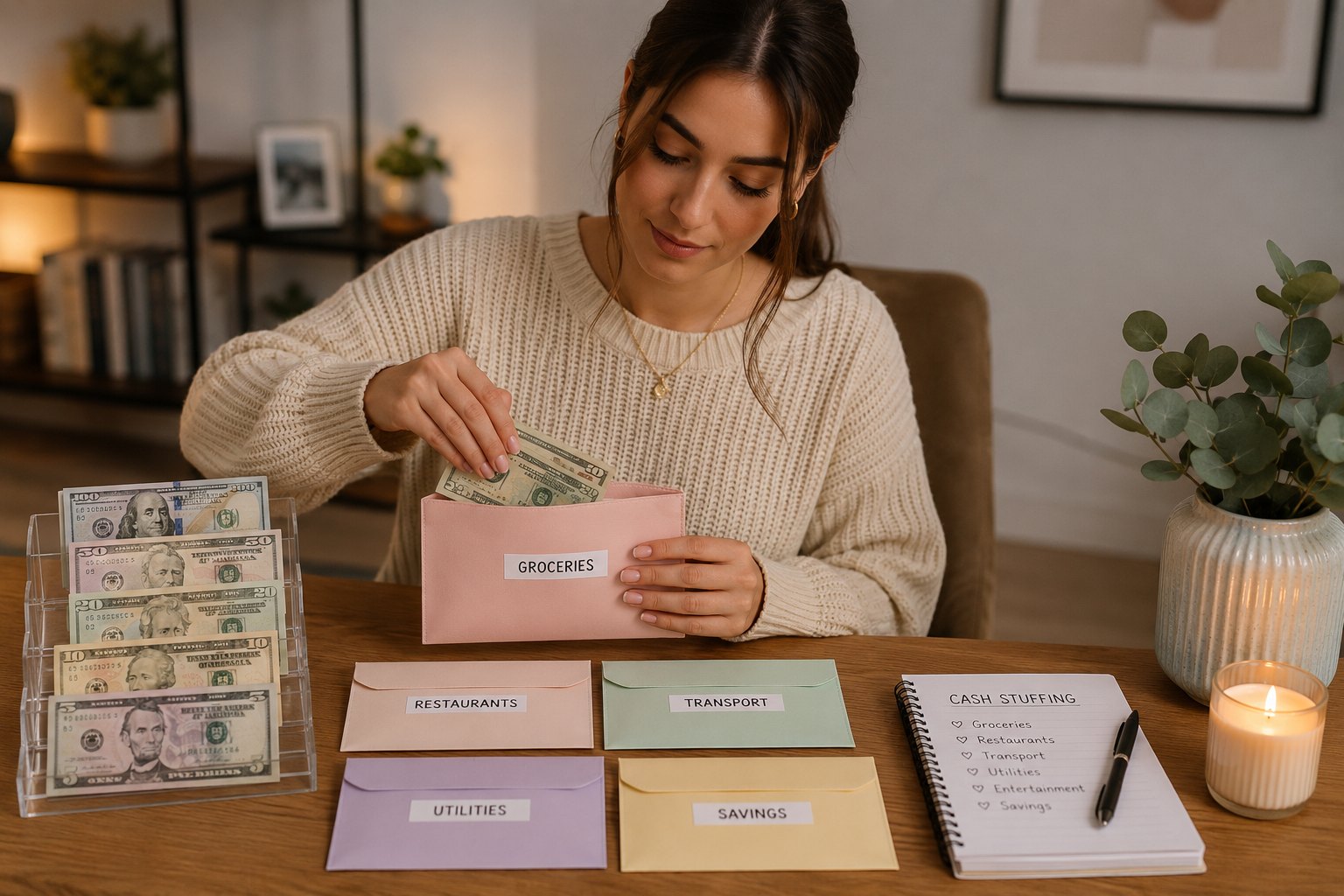 Someone stuffing cash into labelled envelopes for groceries, restaurants, transport, utilities and savings