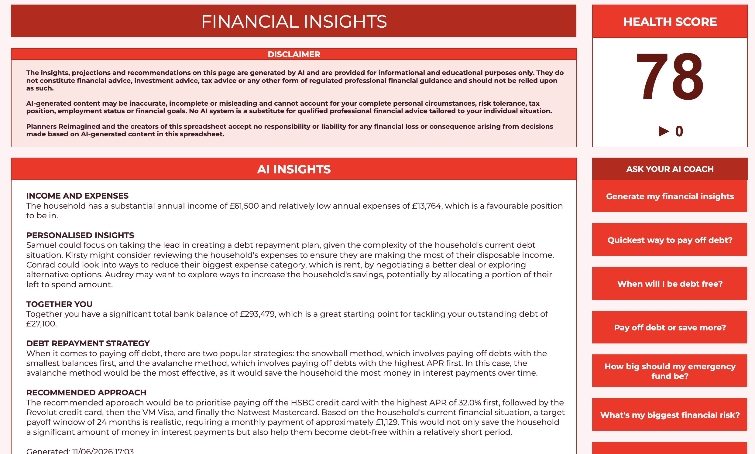The AI coach's Financial Insights report with a Health Score of 78
