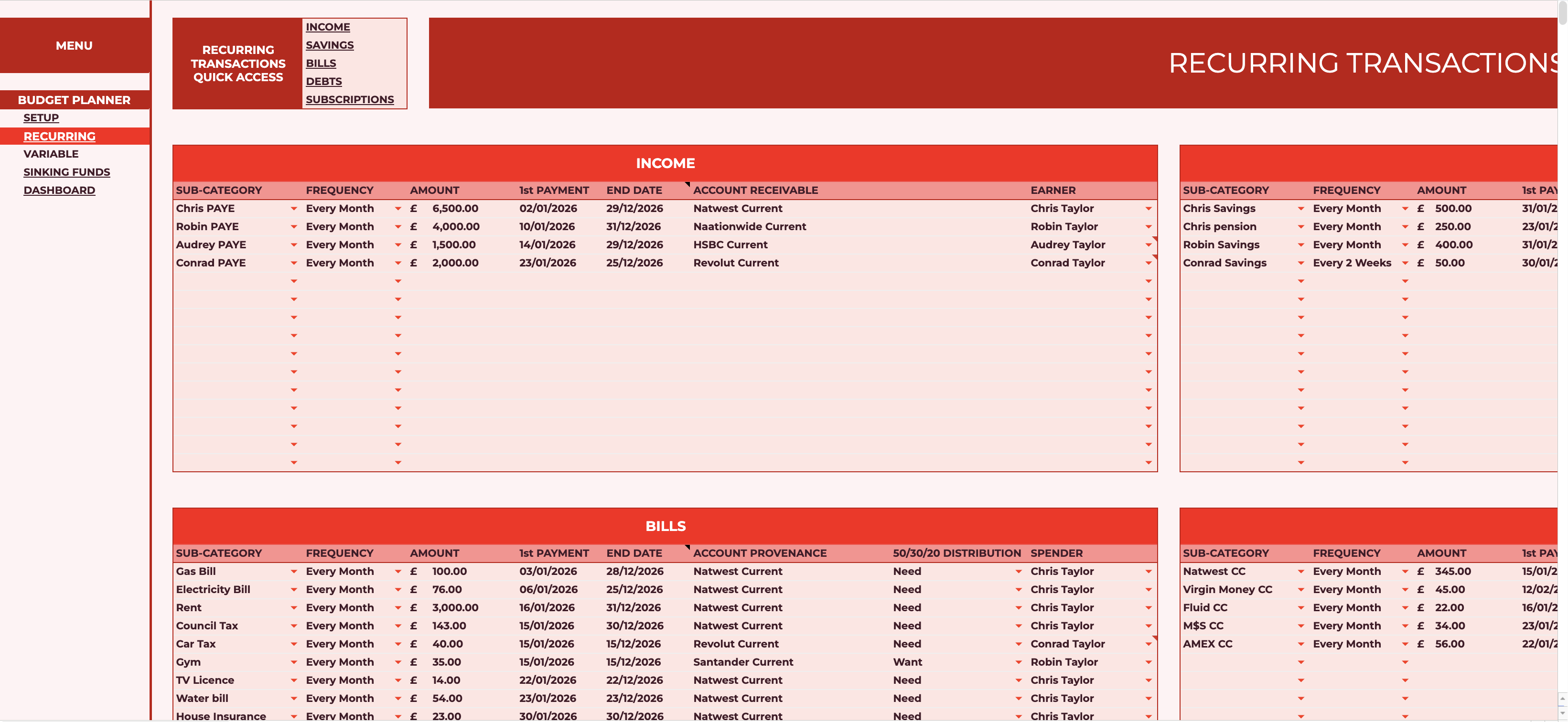 The recurring tab listing regular income and bills