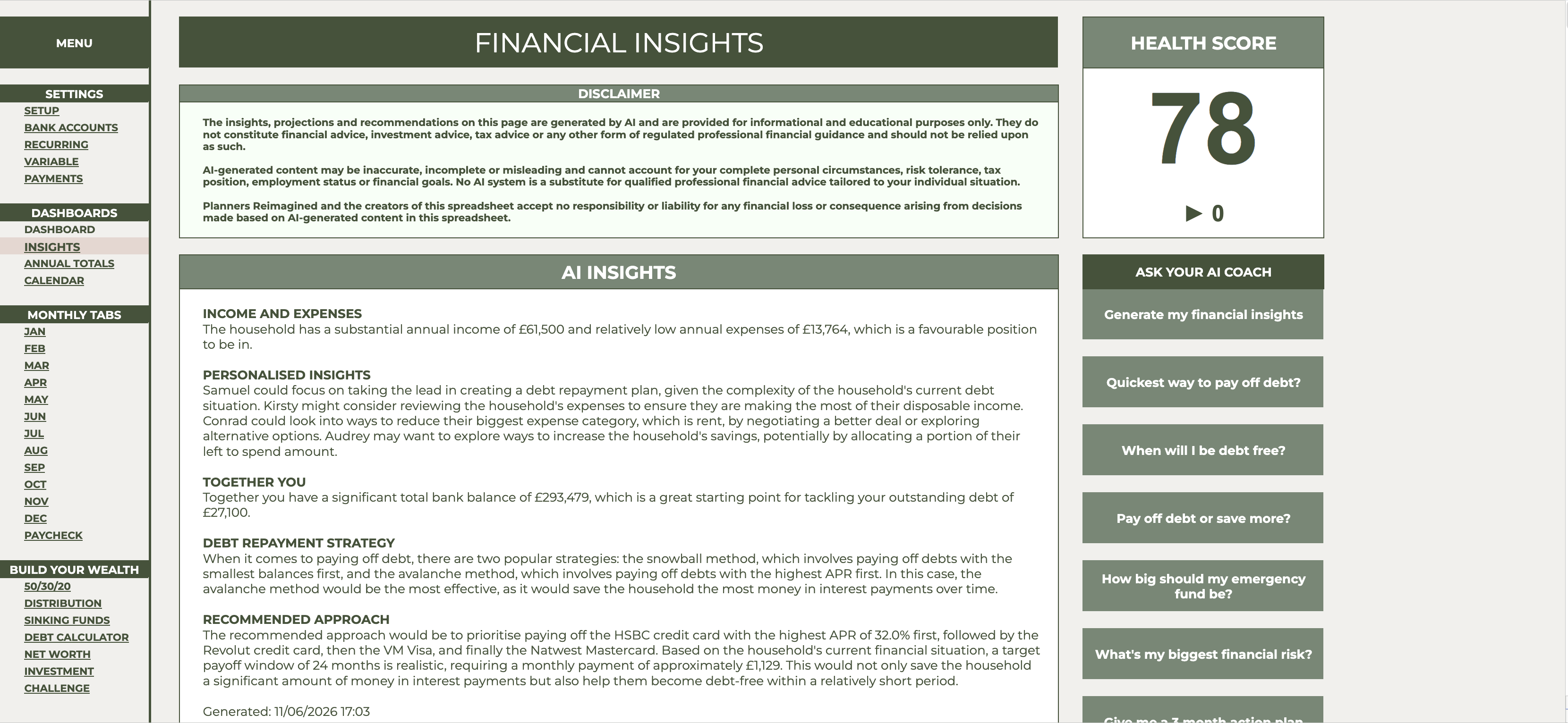 The AI coach's Insights report with a Financial Health Score